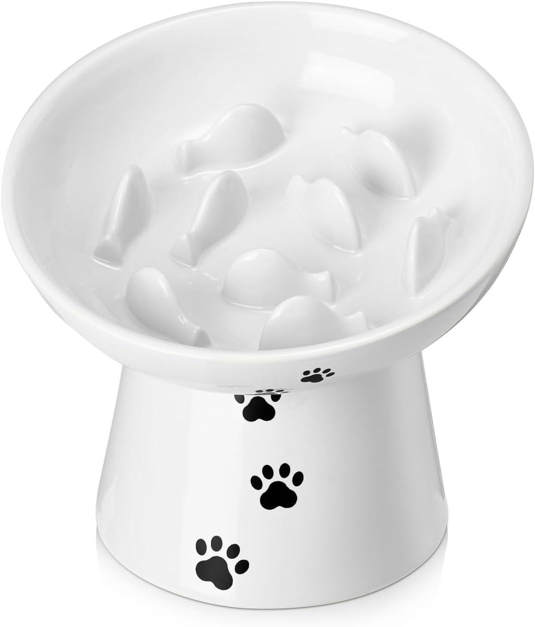 White Ceramic Elevated Cat Slow Feeder Bowl with Paw Prints