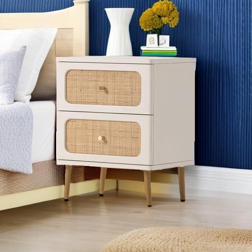 Wicker Rattan Nightstand, 2-Drawer End Table White Finish Side Table for Small Spaces, Modern Farmhouse Wooden Bedside Table, Boho Mid-Century Coastal Storage Cabinet