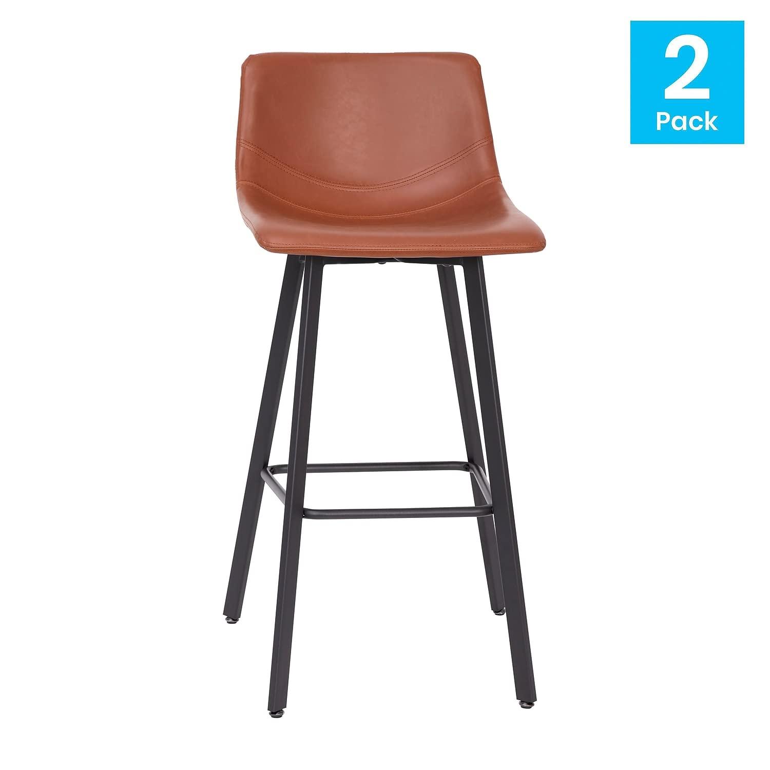 Flash Furniture Set of 2 Commercial Indoor Armless Iron Barstools - Cognac LeatherSoft