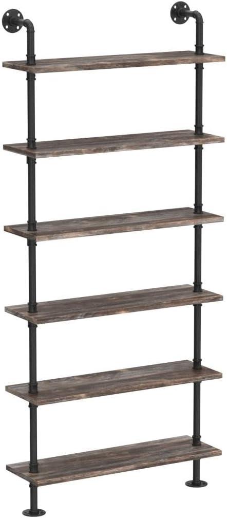 Industrial Pine and Black 6-Shelf Wall Mounted Bookshelf