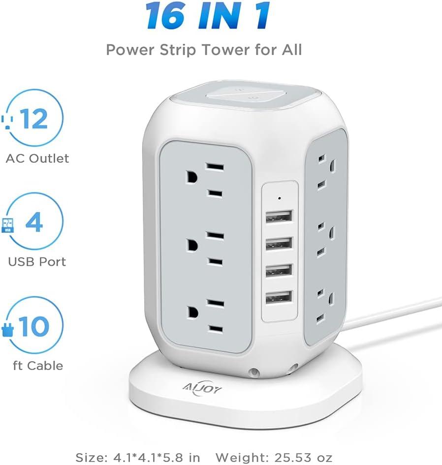 Compact White and Gray ABS Travel Power Strip Tower with USB Ports