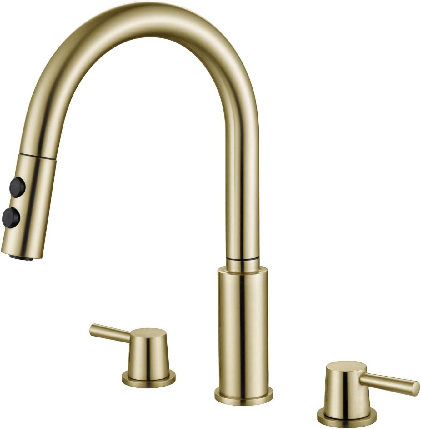 Kitchen Faucet, 2 Handles Kitchen Sink Faucet, 3 Holes Sink Faucet, Pull Down Kitchen Faucets, Bar Kitchen Faucet, Brushed Gold, Stainless Steel, RULIA RB1069