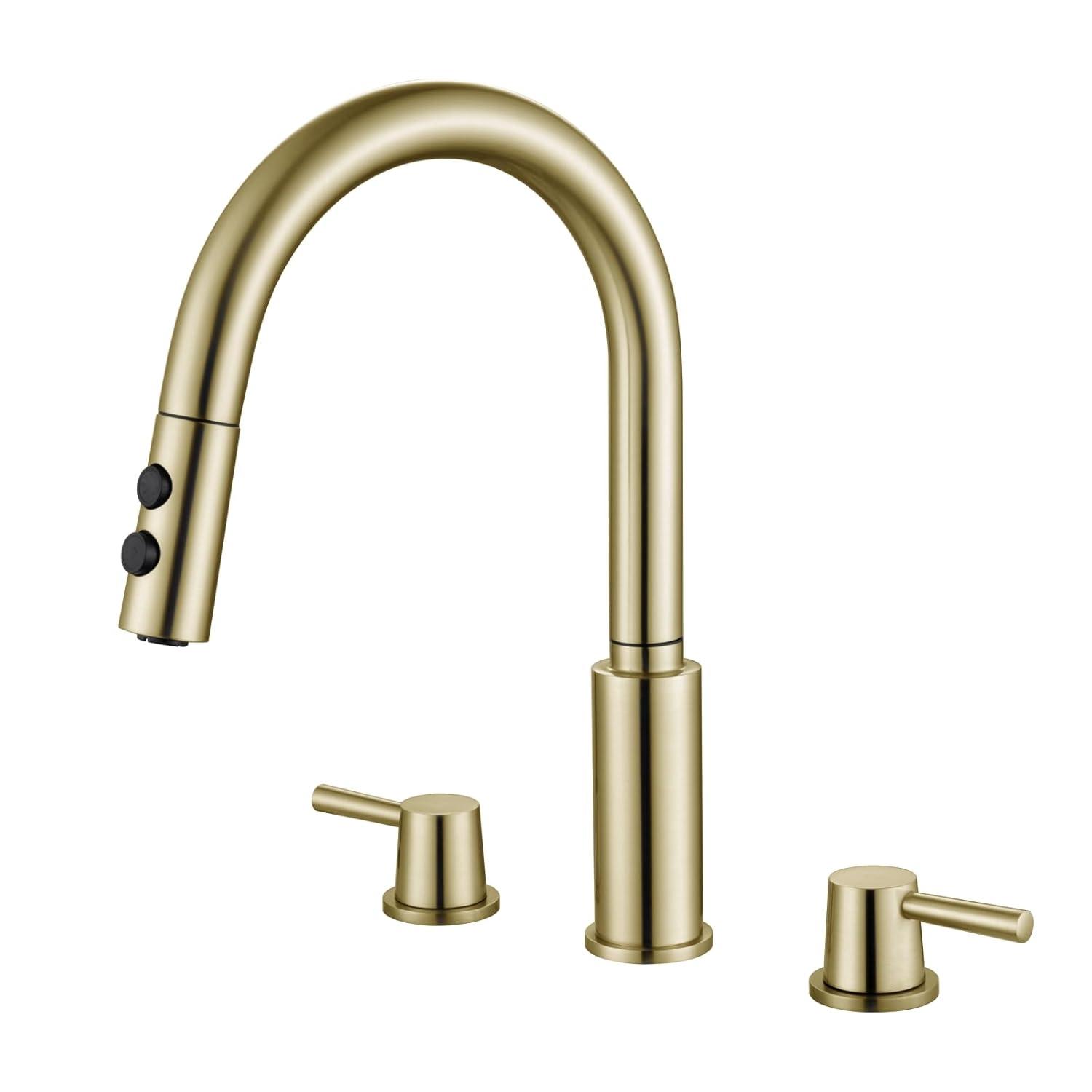 Kitchen Faucet, 2 Handles Kitchen Sink Faucet, 3 Holes Sink Faucet, Pull Down Kitchen Faucets, Bar Kitchen Faucet, Brushed Gold, Stainless Steel, RULIA RB1069