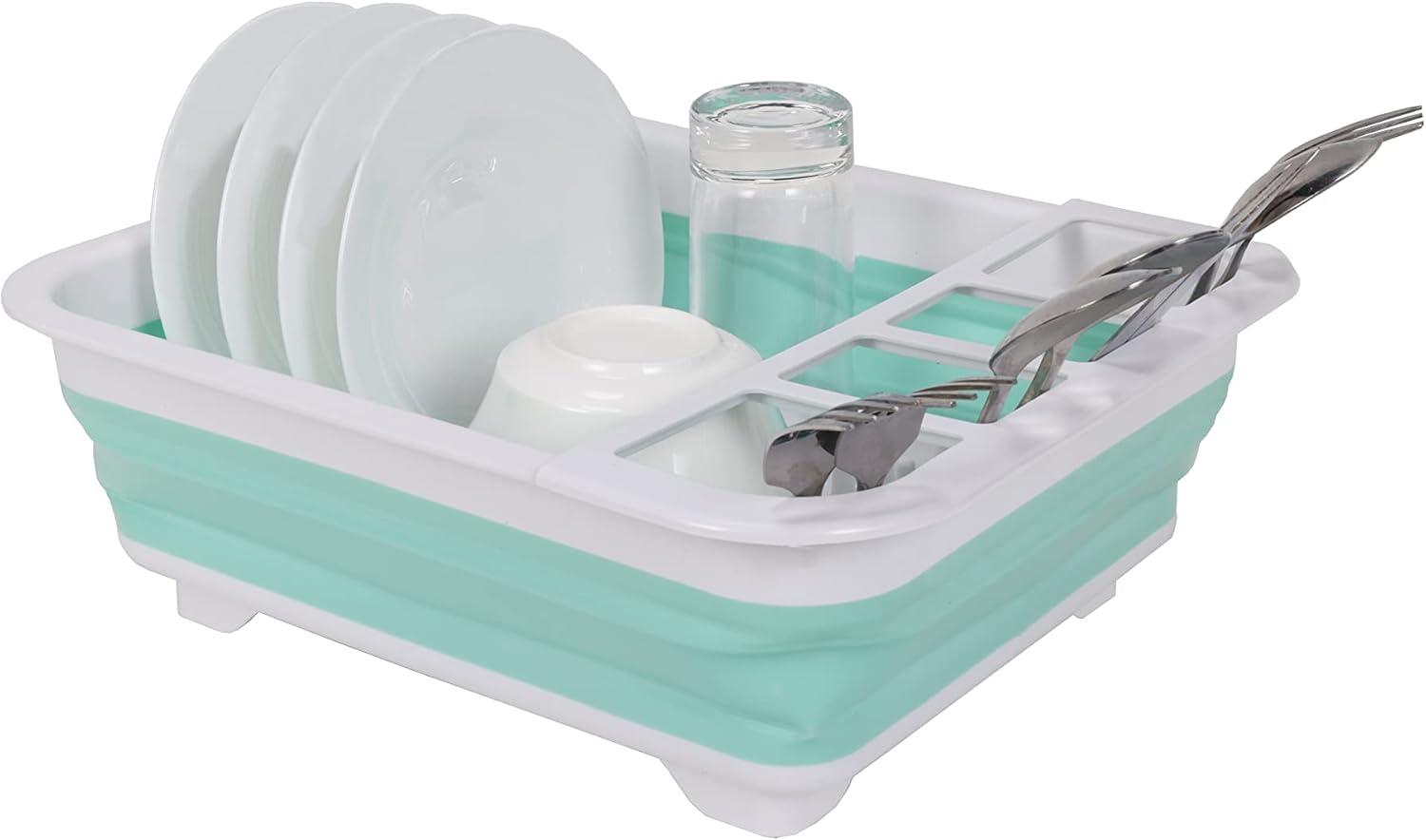 J&V TEXTILES Collapsible Dish Drying Rack - Popup for Easy Storage, Drain Water Directly into The Sink, Room for Eight Large Plates, Sectional Cutlery and Utensil Compartment, Compact Blue