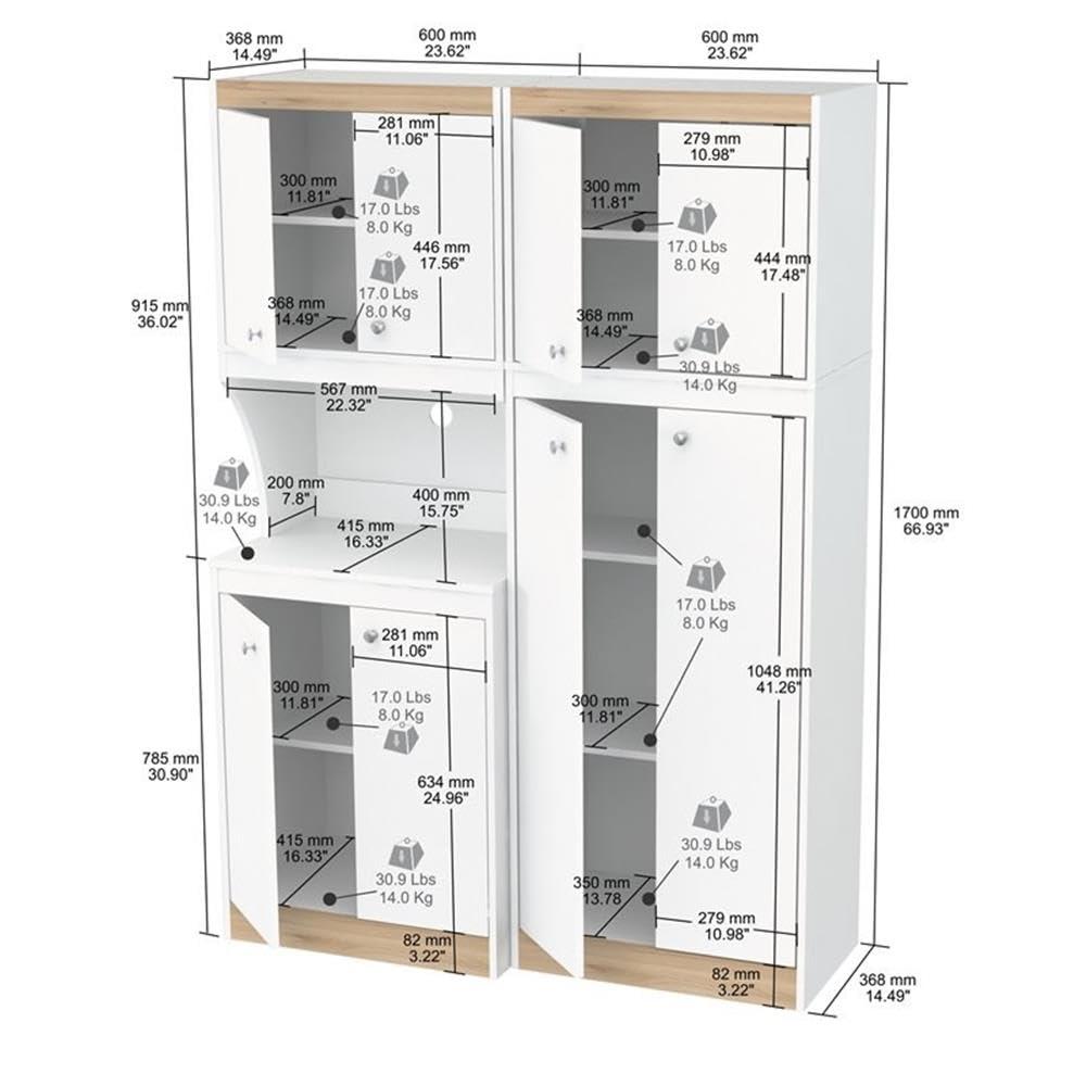 Inval Galley 2-Piece Microwave Kitchen Storage Cabinet 47"W, White and Oak