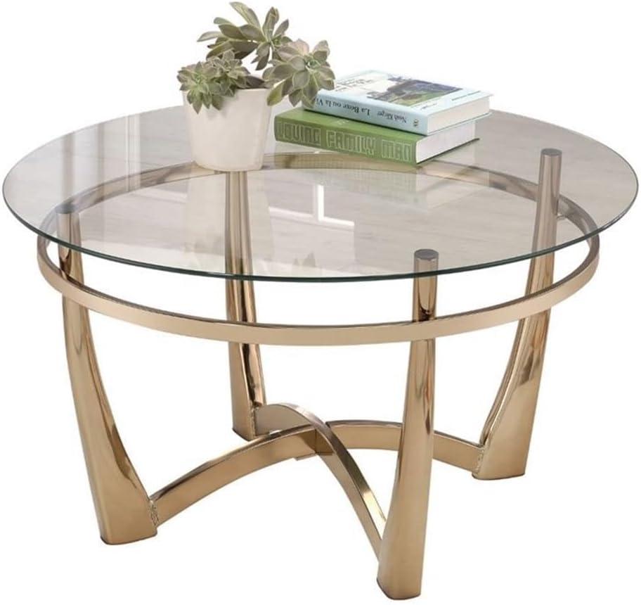 Glass Round End Table With Metal Base Champagne And Clear Glass - Saltoro Sherpi