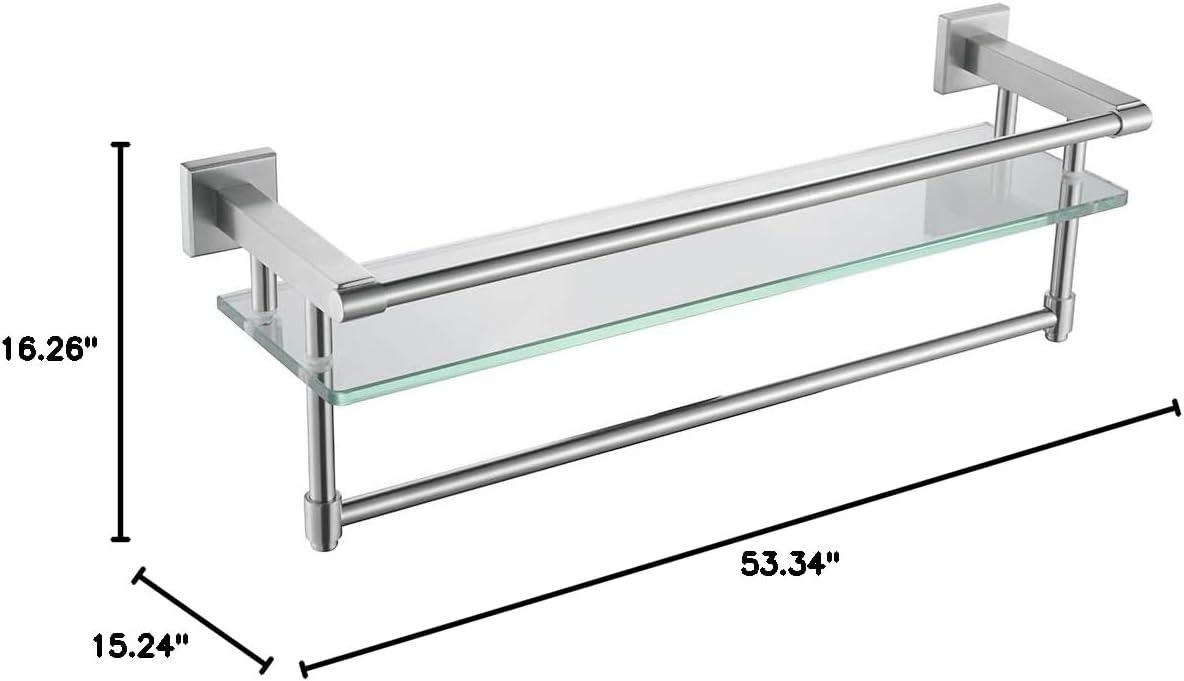 Alise Bathroom Glass Shelf Wall Mounted, Tempered Glass Bathroom Shelf with Towel Bar, SUS304 Stainless Steel Modern Floating Shelf, Brushed Gold, 20 inch