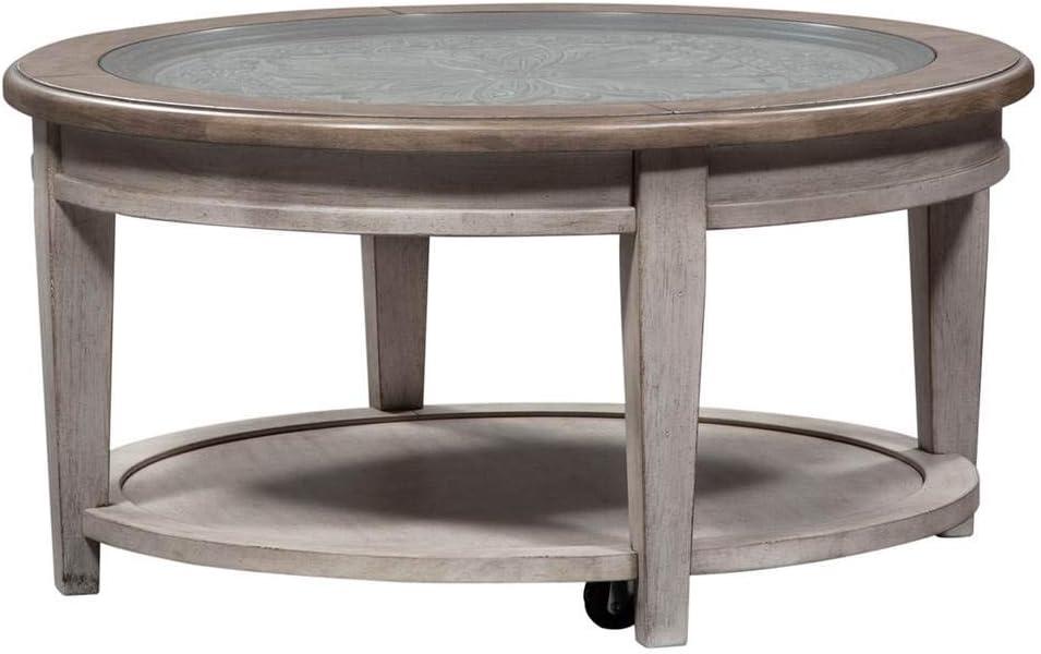 Heartland Antique White Wood and Glass Round Cocktail Table