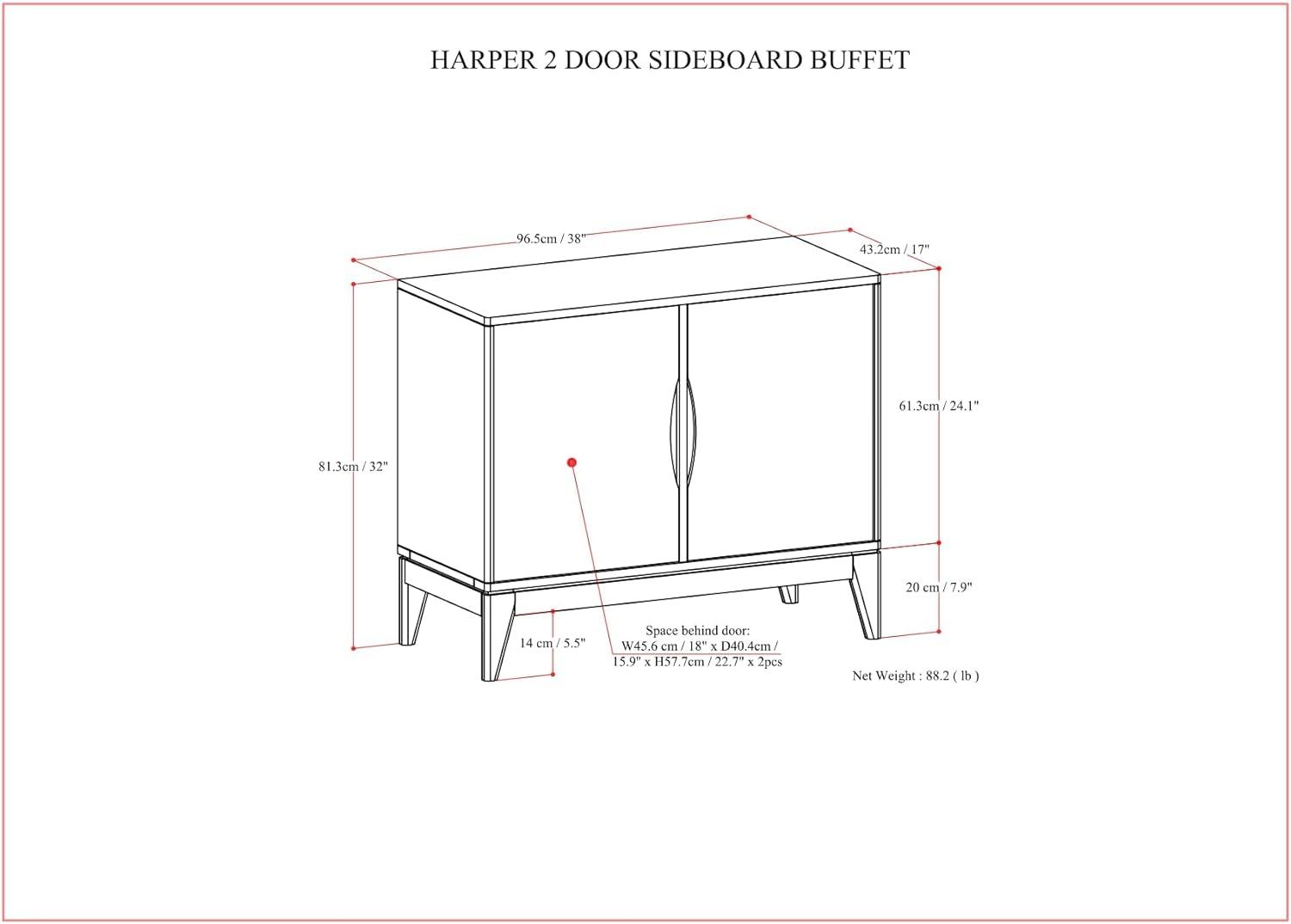 Simpli Home Harper 38"W Solid Wood Mid-Century Modern 2-Door Sideboard Buffet with Adjustable Shelves
