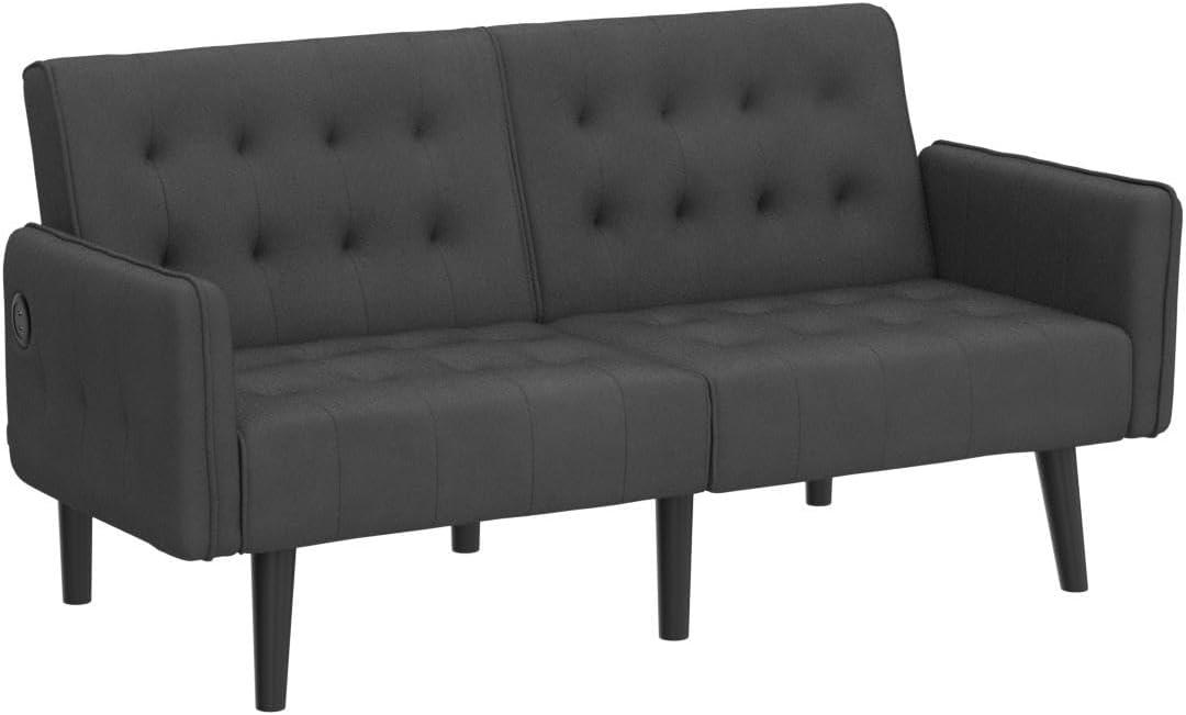 TYBOATLE 65“ Convertible Futon Sofa Bed w/ 2 USB, Upholstered Tufted Small Adjustable Folding Couch Loveseat, Modern Mid Century Sleeper Sofa for Living Room, Bedroom, Apartment, Office (Dark Grey)