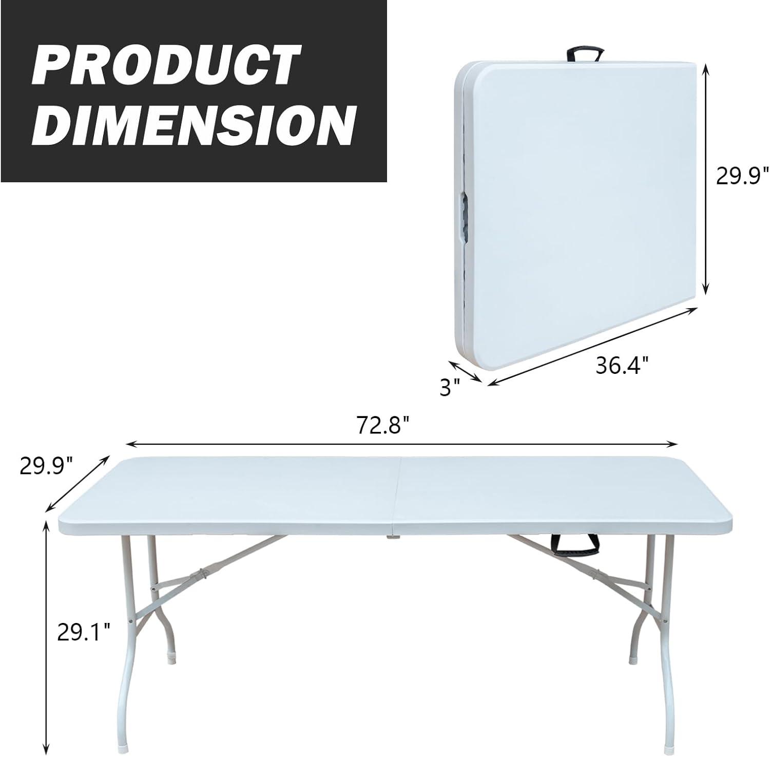 6ft Folding Table, Portable Plastic Table for Camping, Picnics, Parties, High Load Bearing Foldable Table White