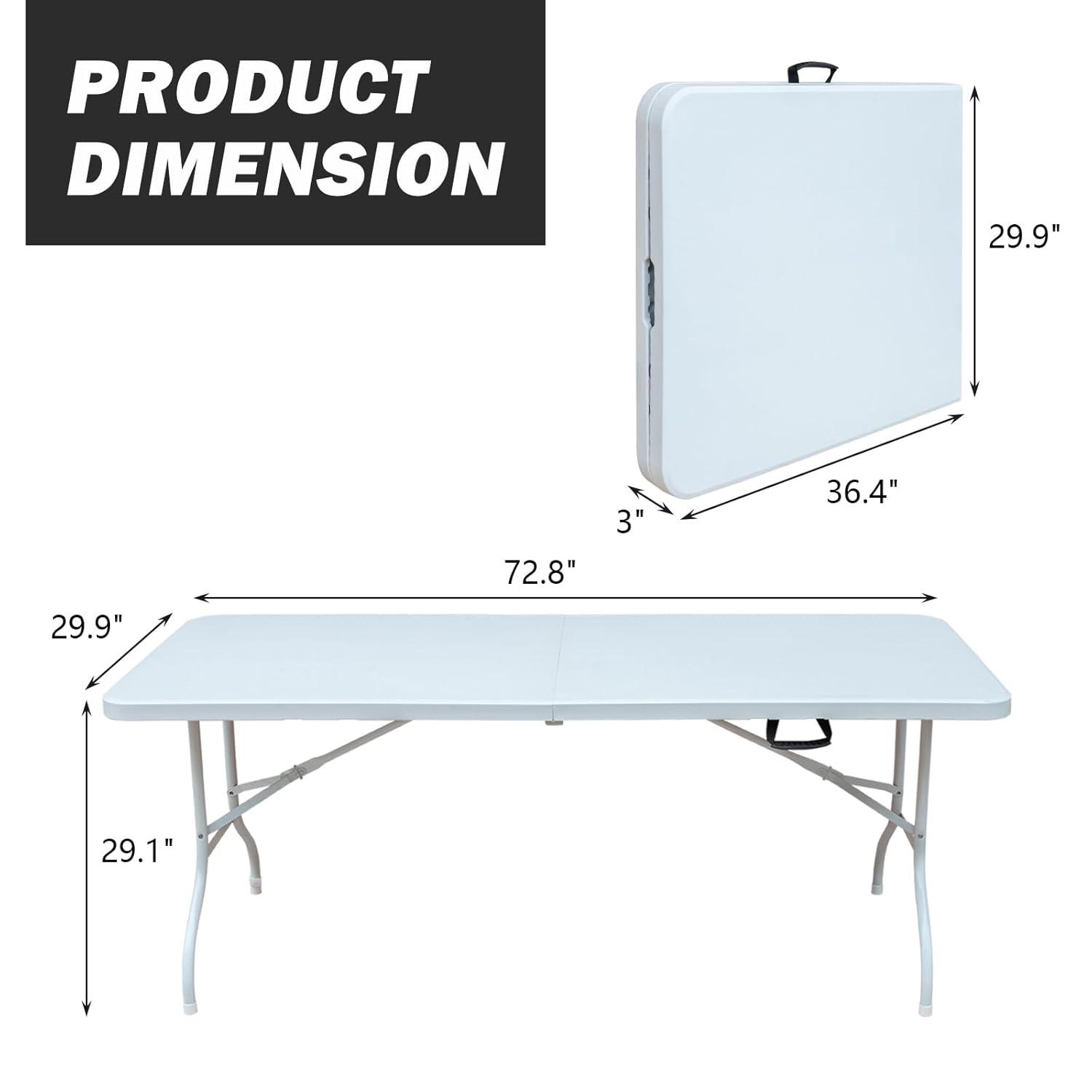 6FT Placstic Folding Camping Table, Indoor Outdoor Heavy Duty Portable Table with Carrying Handle for Dining Picnic Party, Easy to Clean, White