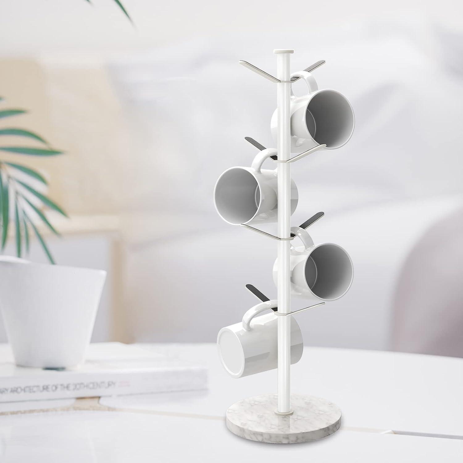 White Marble Base Stainless Steel Mug Holder Tree with 8 Hooks