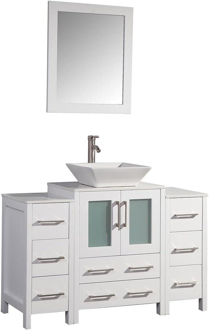 Vanity Art 48 Inch Vessel Single Sink Bathroom Vanity Cabinet with 1 Mirror, Engineered Marble Top Bathroom Cabinet Compact Set with 8 Dovetail Drawers and Soft Closing Doors, VA3124-48W