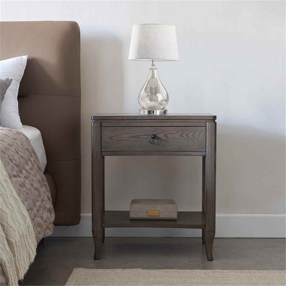 Leick Home 9077-GR Annette Oak Drawer Nightstand Side Table with Top AC/USB Outlet and Shelf, Smoke Gray