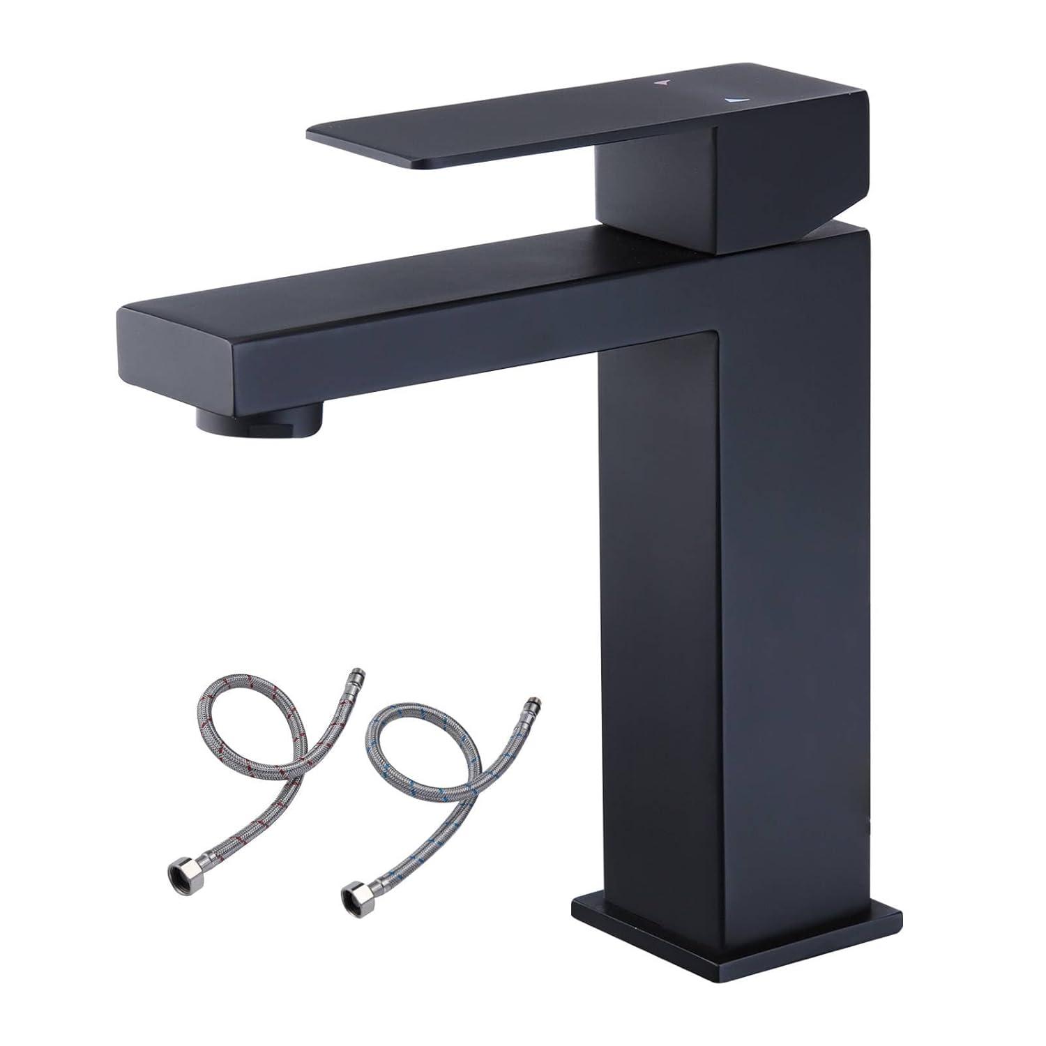 Matte Black Single Handle Bathroom Sink Faucet, Stainless Steel Bathroom Faucet with cUPC Certified Water Supply Hoses, Commercial Vanity Faucet Modern Single Hole RV Bathroom Faucets