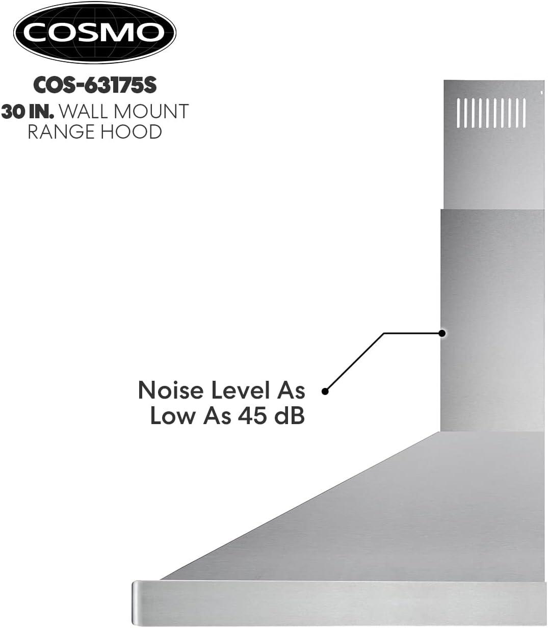 Cosmo 63175S 30 Inch Wall Mount Range Hood w/ Digital Controls, Stainless Steel