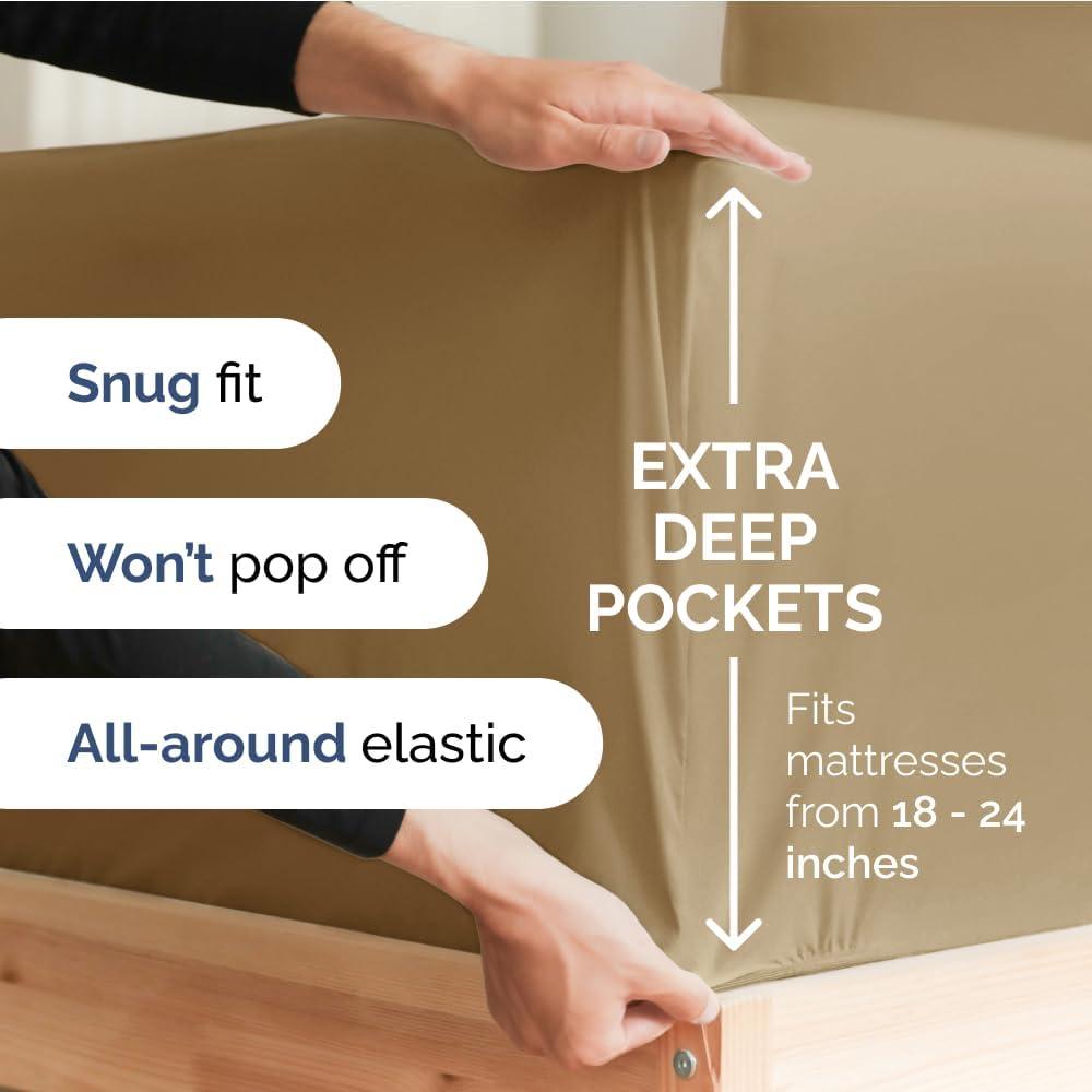 CGK Linens 100% Cotton 400 TC Fitted Sheet Only - Extra Deep Pocket for 18"-24" Mattresses in Beige, Size Full