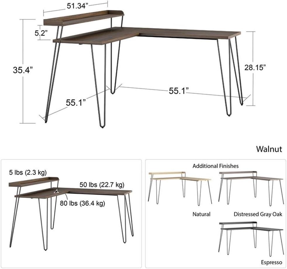 Haven 55'' Black Oak Corner Computer Desk with Metal Frame