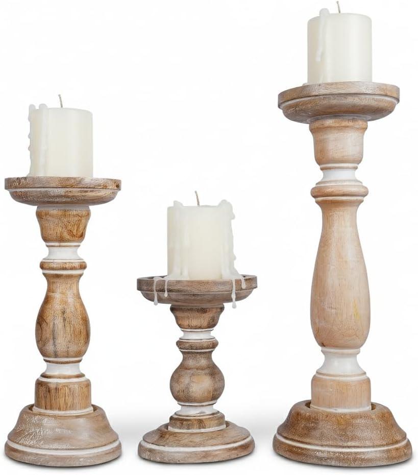 Mela Artisans White Wood Candle Holders, Table Centerpiece, Made from Mango Wood