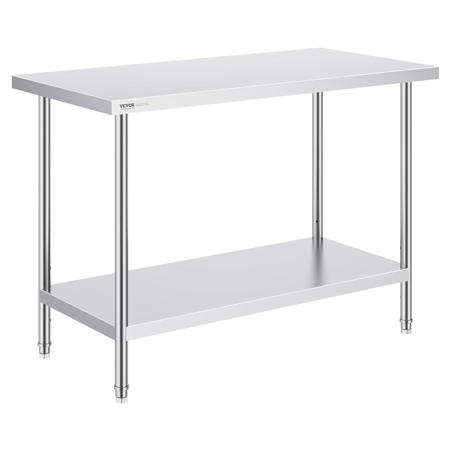 VEVOR Stainless Steel Prep Table, 48 x 24 x 34 Inch, 550lbs Load Capacity Heavy Duty Metal Worktable with Adjustable Undershelf, Commercial Workstation for Kitchen Restaurant Garage Backyard