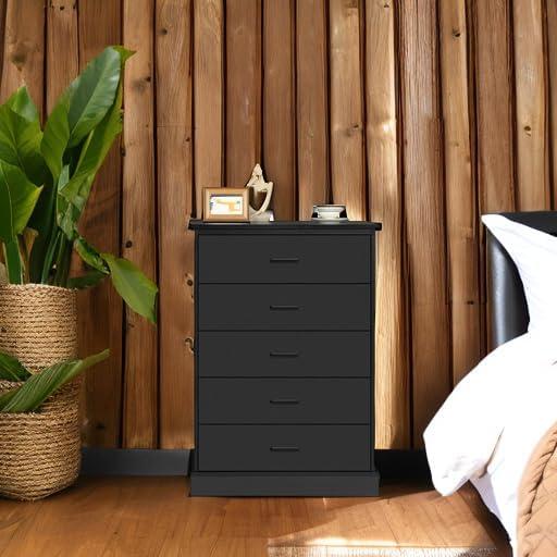 Tall Dresser with 5 Drawers for Bedroom, Storage Tower Clothes Organizer, Black Chest of Drawers with Sturdy Pedestal, 27.6'' W x 15.8'' D x 40.2'' H