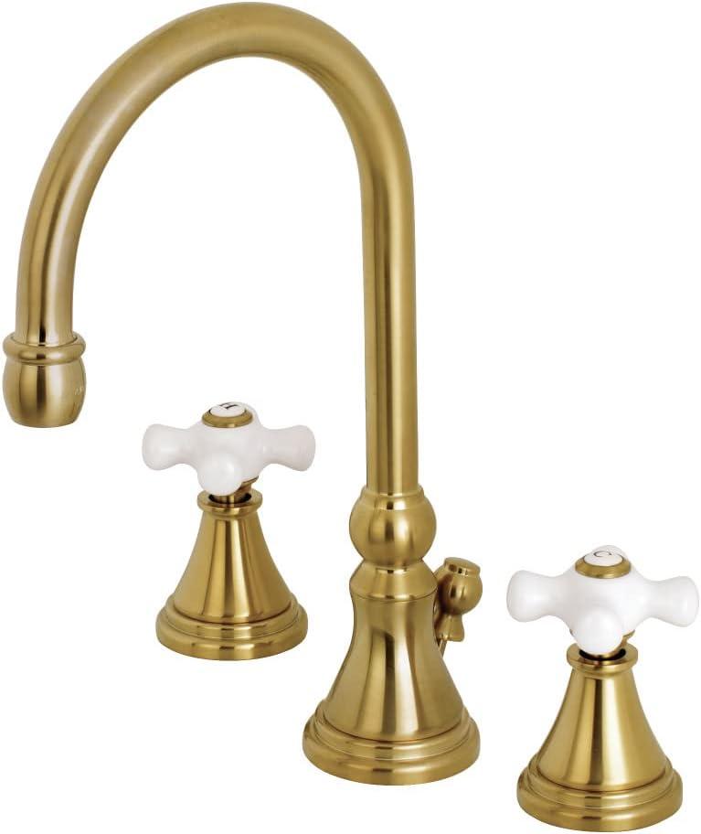 Kingston Brass Governor Two-Handle 3-Hole Deck Mount Widespread Bathroom Faucet with Brass Pop-Up Drain