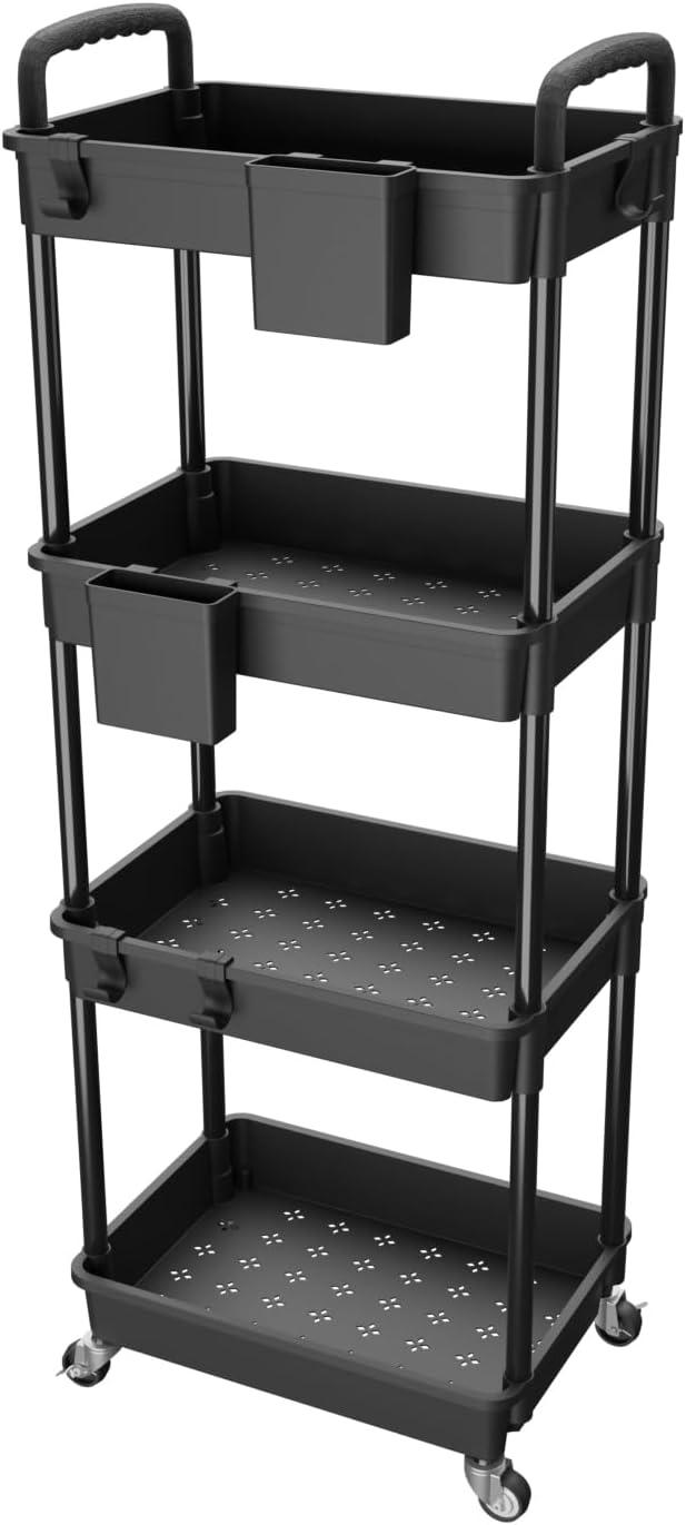 Black 4-Tier Rolling Utility Cart with Drawer