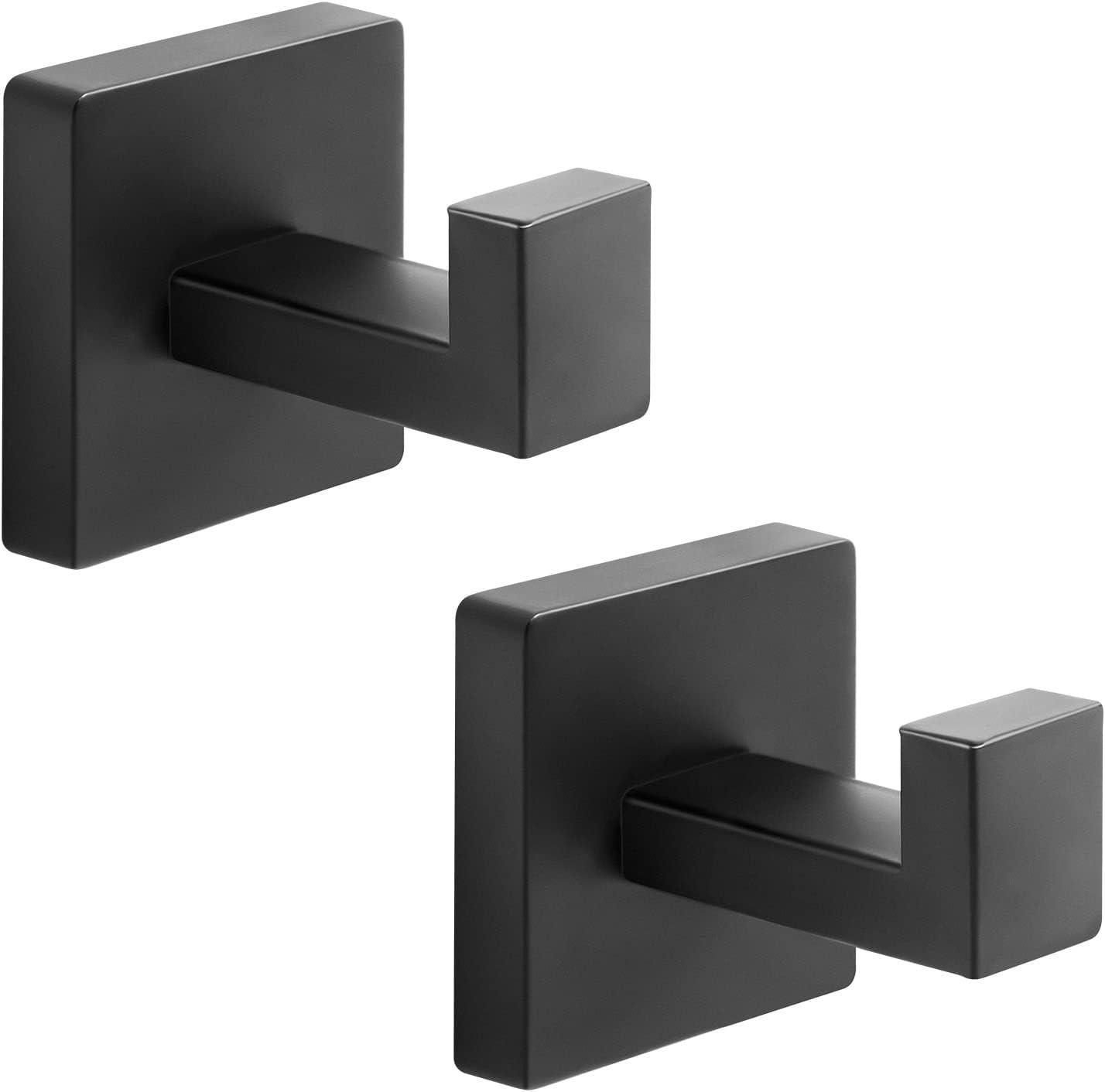 Matte Black Stainless Steel Square Wall Hooks, 2 Pack