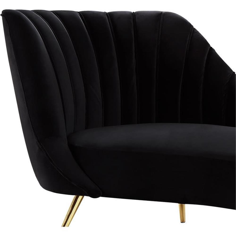 Meridian Furniture Margo Collection Modern | Contemporary Velvet Upholstered Chaise with Deep Channel Tufting and Rich Gold Stainless Steel Legs, Black, 74" W x 37.5" D x 35" H