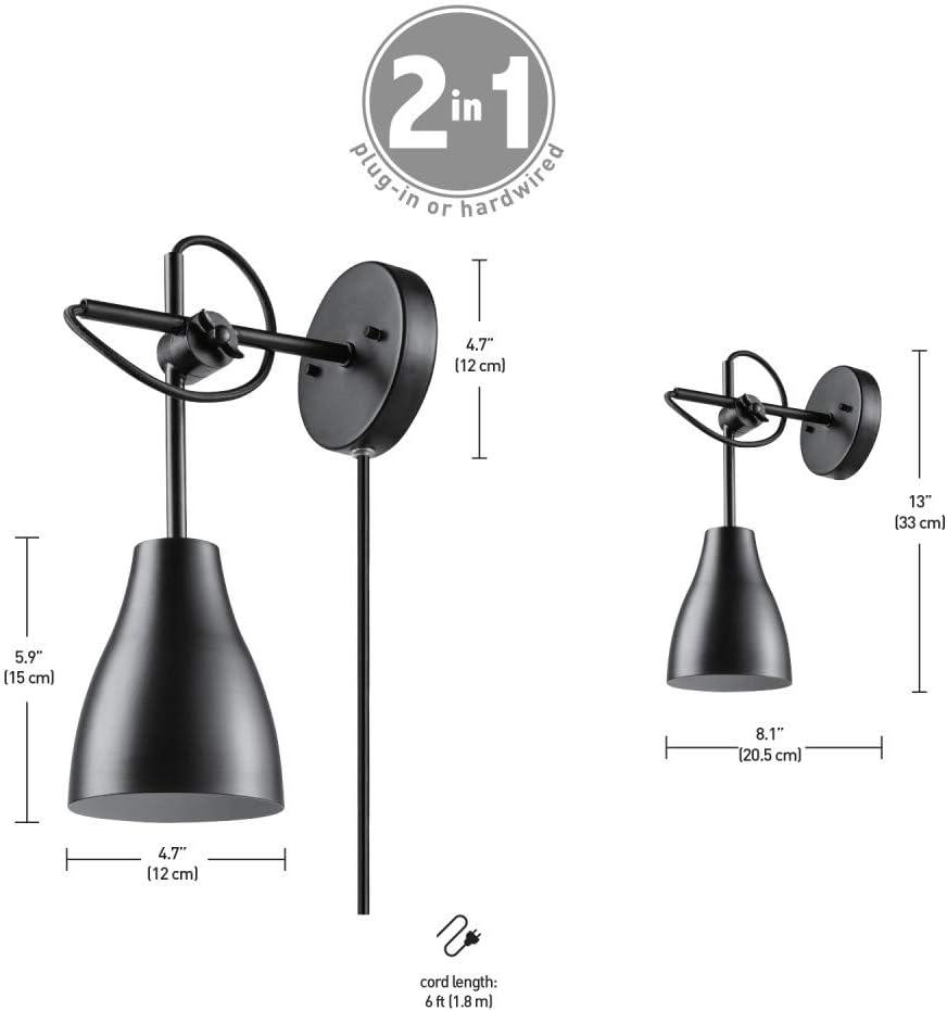 1-Light Plug-in or Hardwire Balance Arm Wall Sconce, Dark Bronze, 6ft Black Fabric Covered Cord, Inline On/Off Rocker Switch, Bulb Not Included