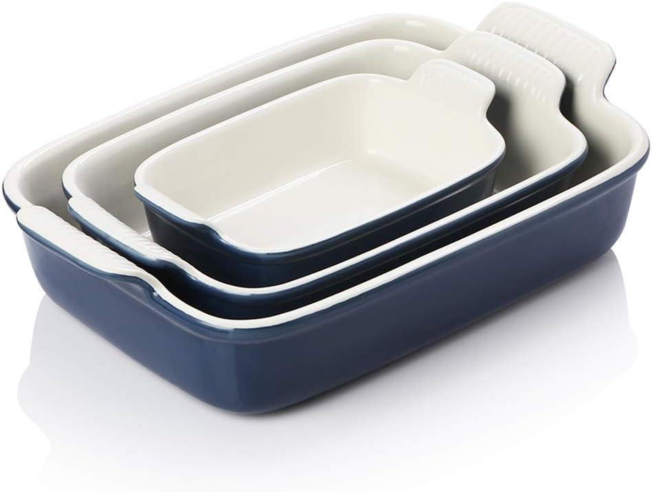 SWEEJAR Rectangular Ceramic Bakeware Set, Non-Stick Roasting Pan with Handles Baking Dishes,Casserole Pans for Cake Dinner, Set of 3 - Navy