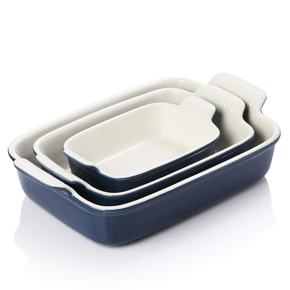 SWEEJAR Rectangular Ceramic Bakeware Set, Non-Stick Roasting Pan with Handles Baking Dishes,Casserole Pans for Cake Dinner, Set of 3 - Navy