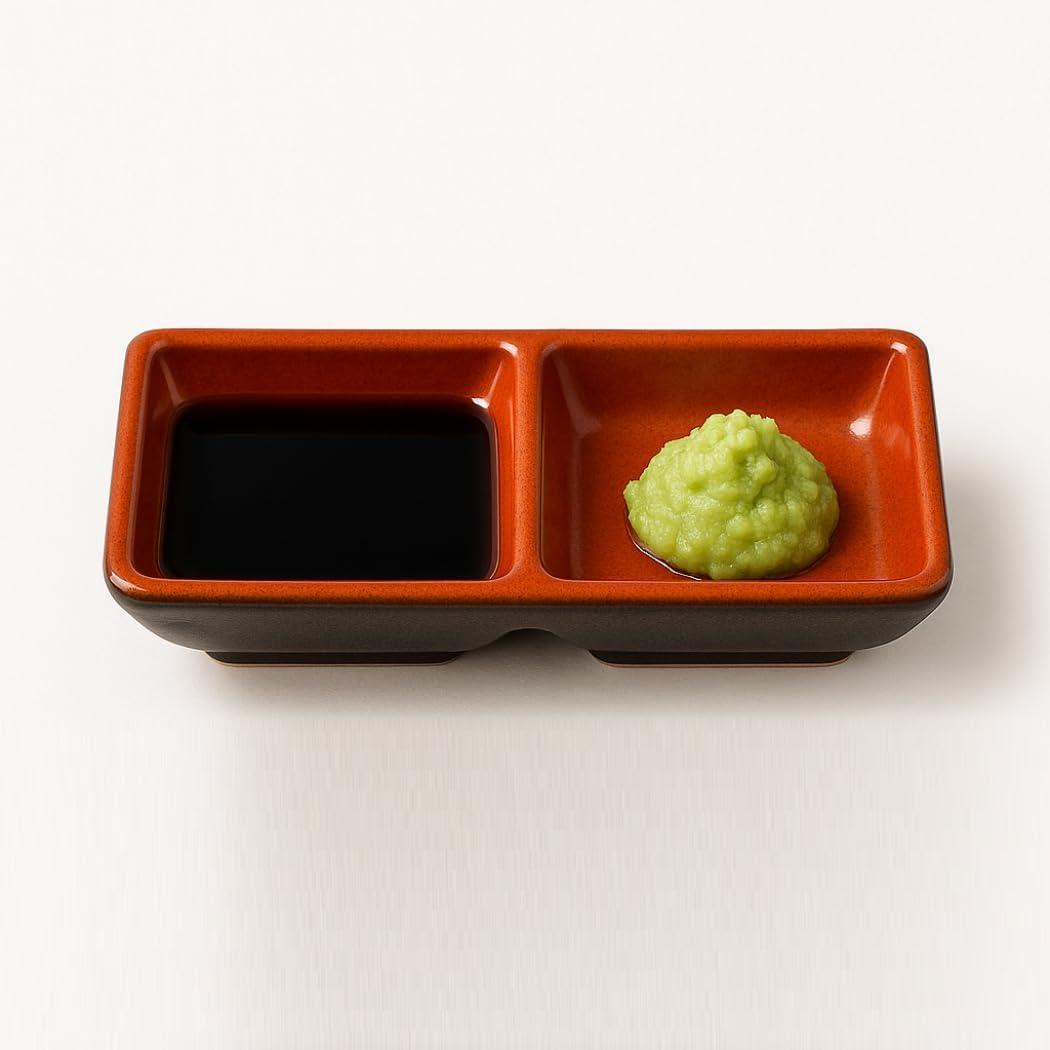 JapanBargain 2395, Japanese Style Soy Sauce Melamine Dishes Dipping Bowls, Red and Black Color, Two Compartments, 12 Pack