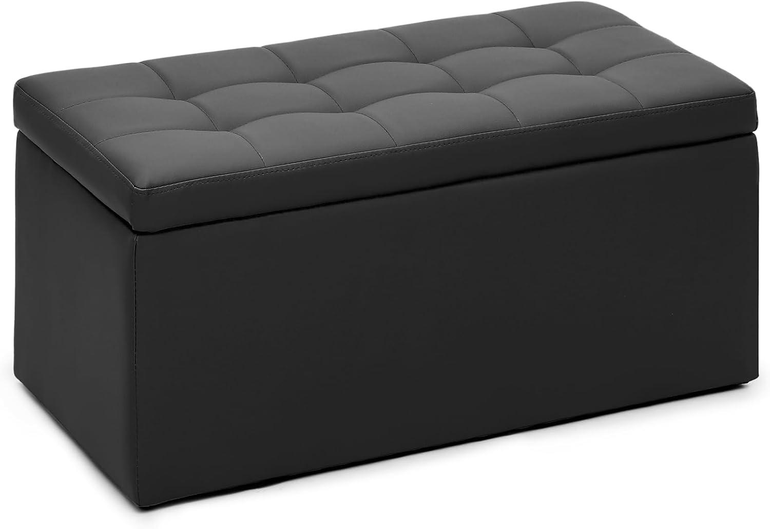 Black PU Leather Button Tufted Storage Ottoman Bench