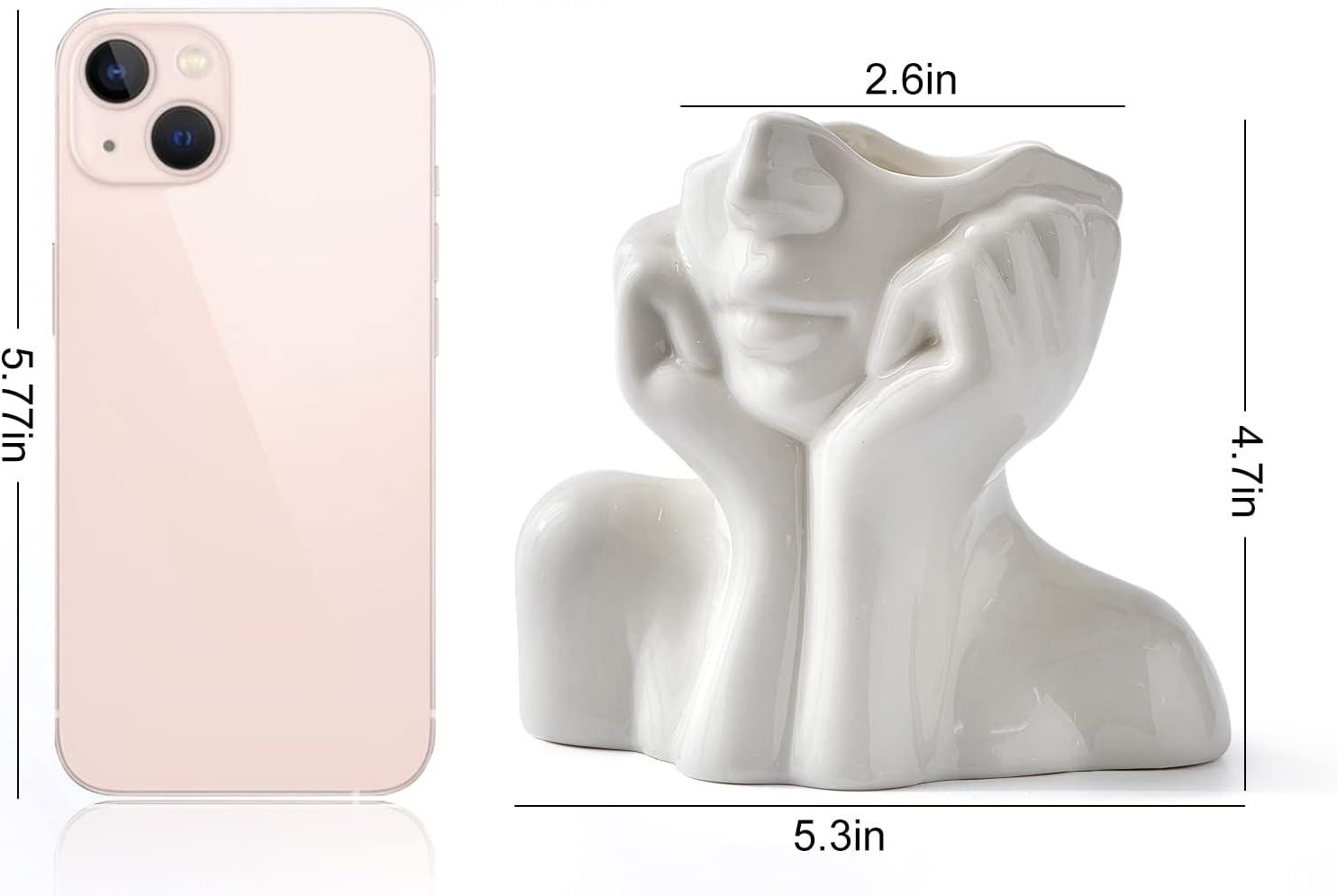 FJS Ceramic Face Vase, White Flower Vase for Decor, 5.3" W x 4.7" H Modern Decorative Vase Centerpiece for Table Shelf Living Room Office Bedroom