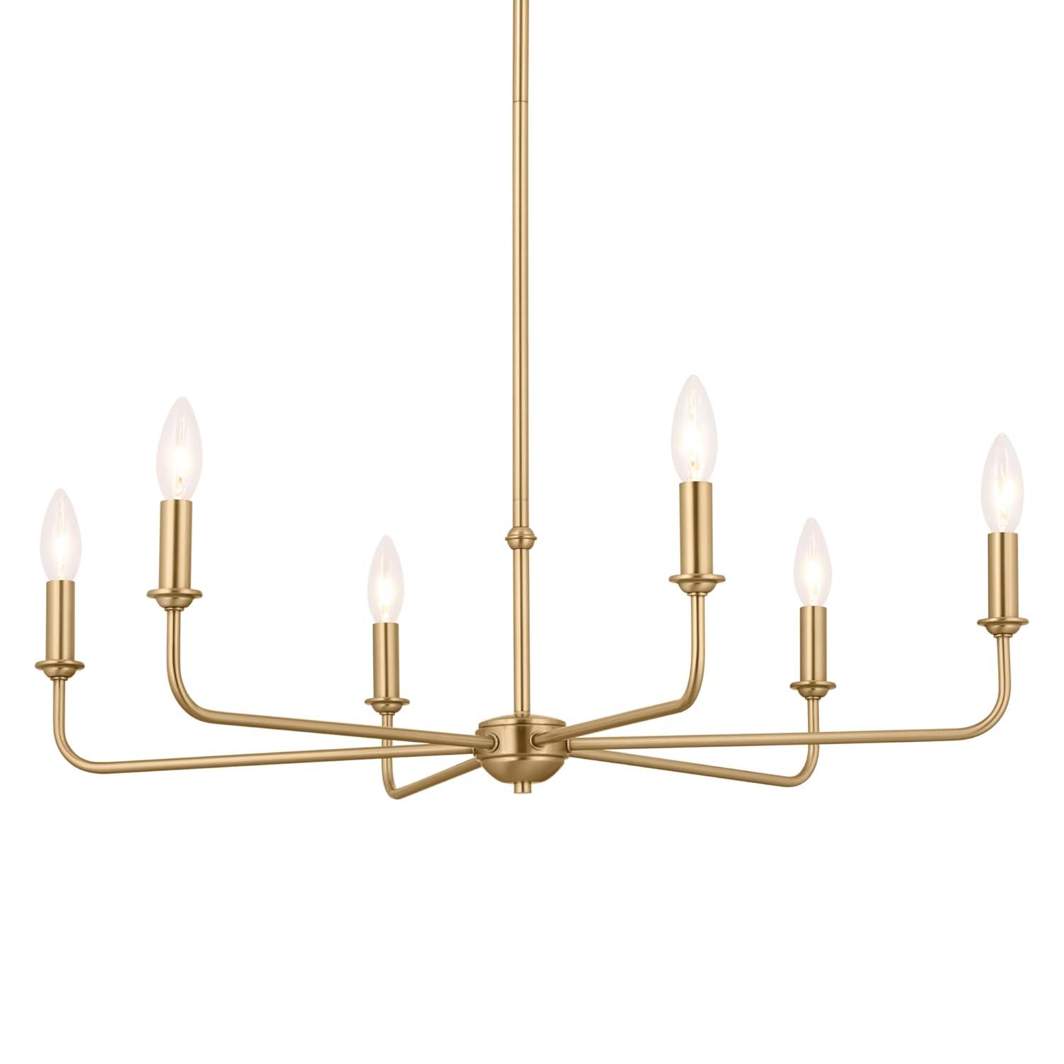 Brushed Natural Brass 6-Light Chandelier with Linen Shades