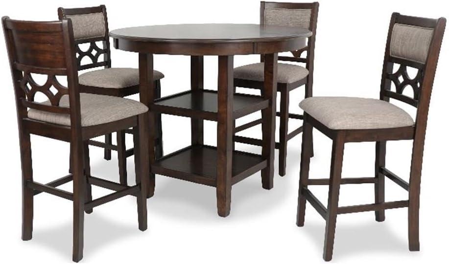 Cherry Brown Round Wood Counter Set with 4 Chairs