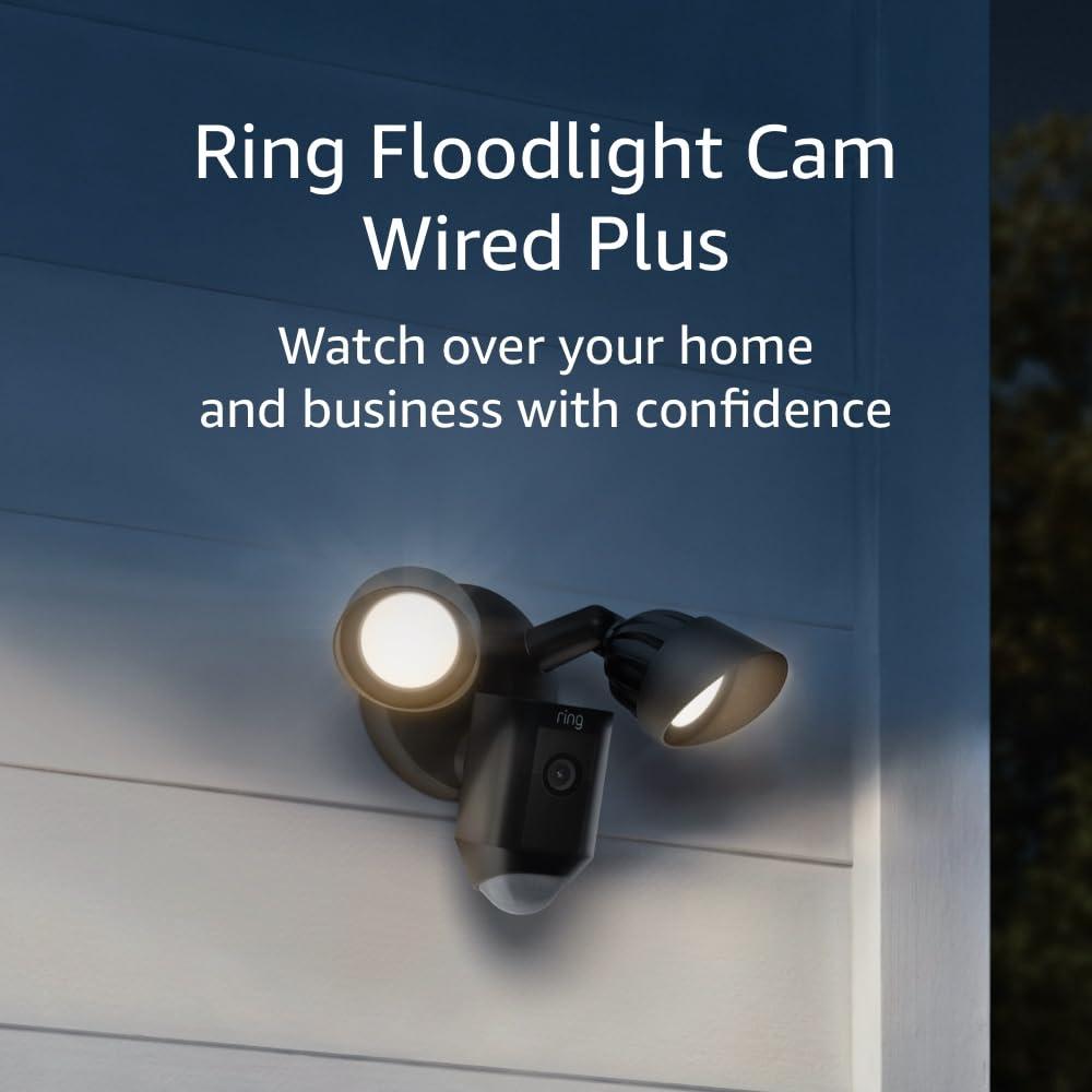 Ring Floodlight Cam Wired Plus Security Camera - Black: Wi-Fi, Motion Detection