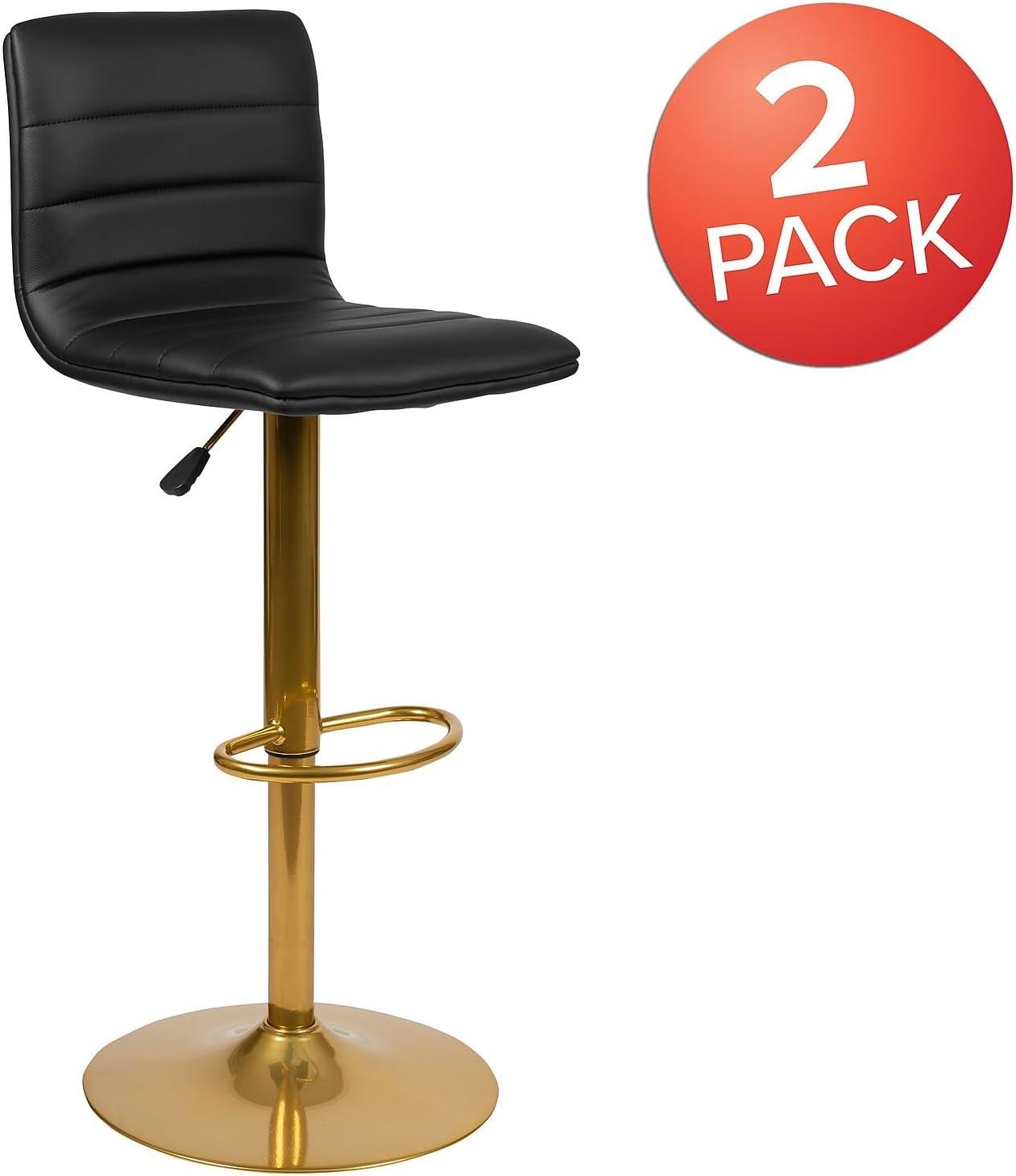 Flash Furniture Modern Black Vinyl Adjustable Bar Stool with Back, Counter Height Swivel Stool with Gold Pedestal Base, Set of 2