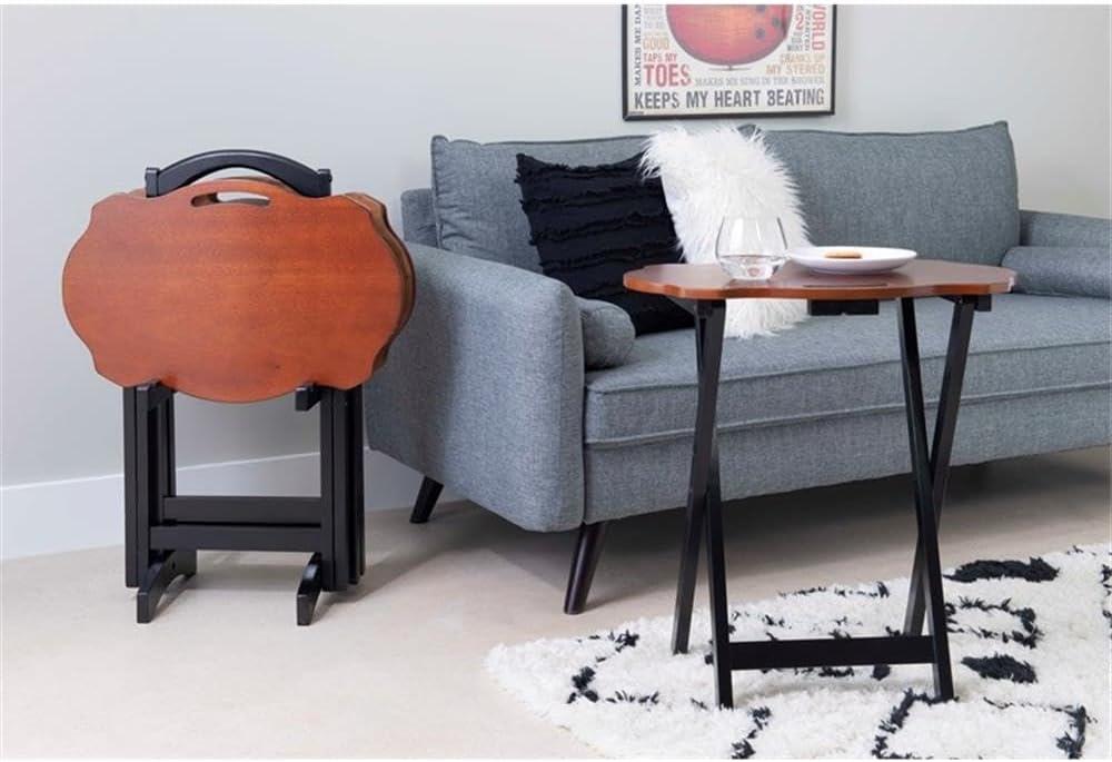 Traditional Five Piece Wood Tray Table Set in Hazelnut and Black, TV Tray, for Bar and Game Room