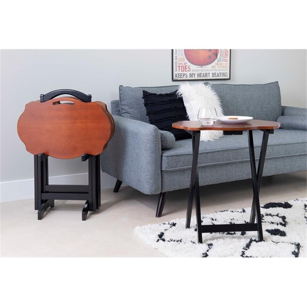 Traditional Five Piece Wood Tray Table Set in Hazelnut and Black, TV Tray, for Bar and Game Room
