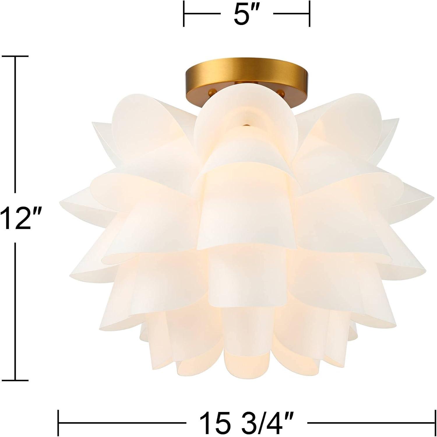 Possini Euro Design Modern Ceiling Light Semi Flush Mount Fixture White Flower Gold Metal 15 3/4" Wide Living Room Bedroom Kitchen