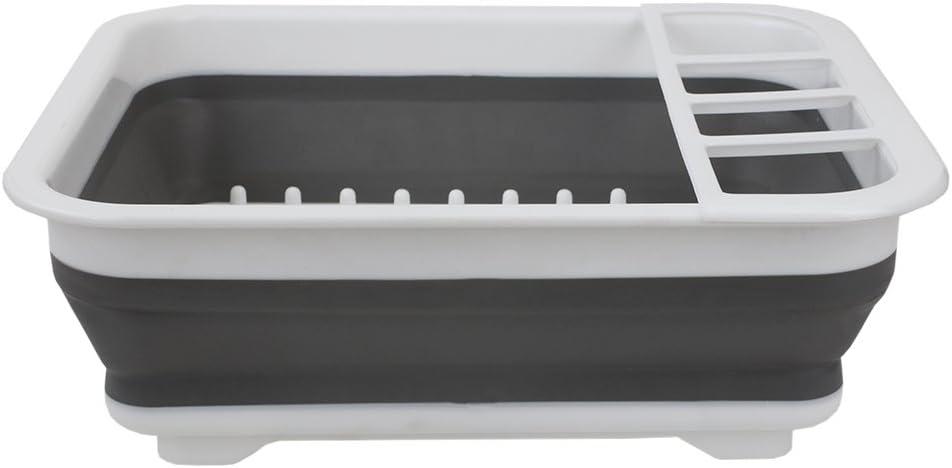 White and Gray Collapsible Silicone Dish Rack with Utensil Cup