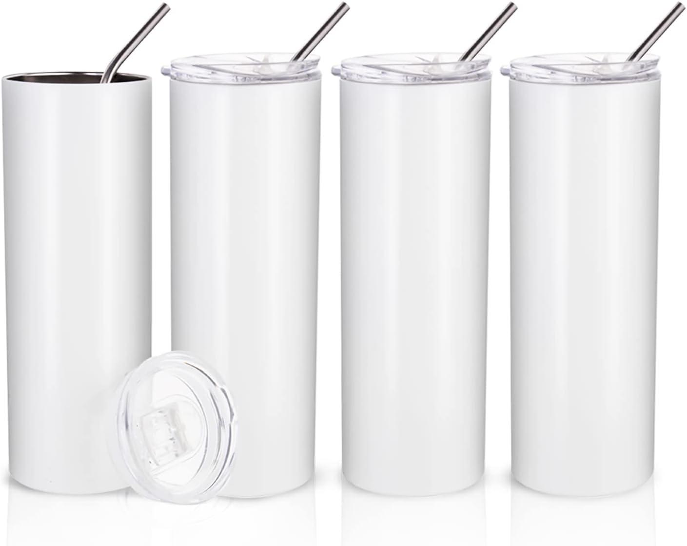 PYD Life Skinny 20 Oz Straight Stainless Steel White Tumbler with Metal Straw for Heat Press Machine (4-Pack)