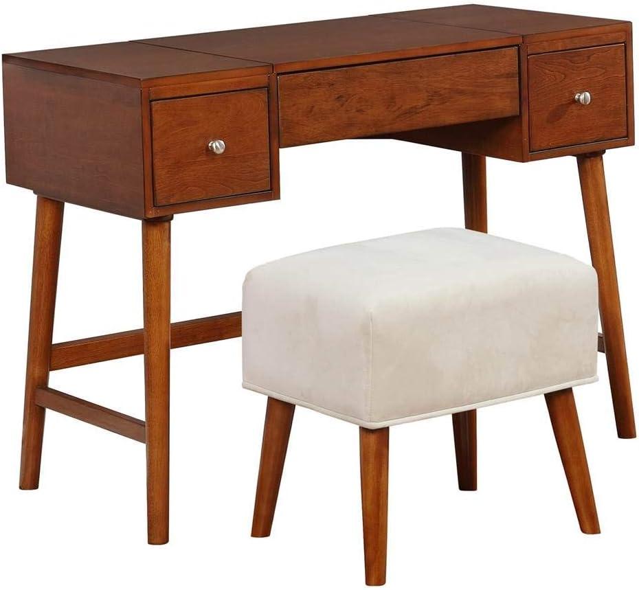 Viola Mid-Century Modern Flip-up Mirror 2 Drawer Vanity and Upholstered Stool Brown - Linon: Rubberwood, MDF, Lift-Top Storage