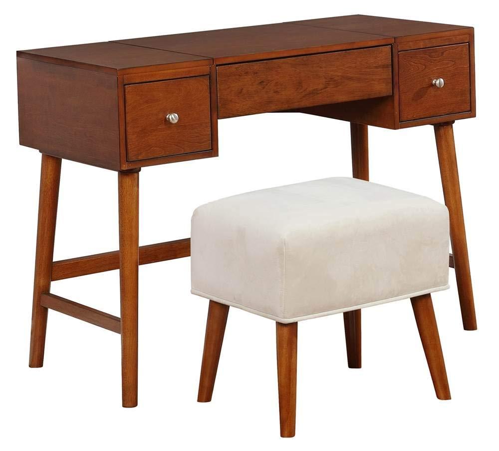Viola Mid-Century Modern Flip-up Mirror 2 Drawer Vanity and Upholstered Stool Brown - Linon: Rubberwood, MDF, Lift-Top Storage