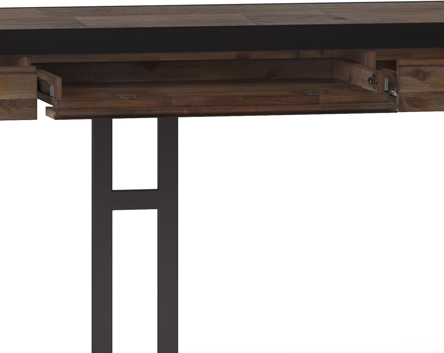 Simpli Home Erina Solid Acacia Wood Desk, Industrial Style with Keyboard Tray and 2 Drawers