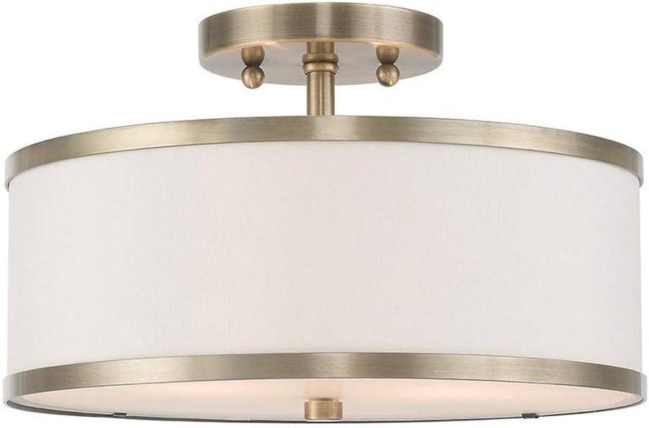 Antique Brass and Off-White Fabric Semi-Flush Mount Light