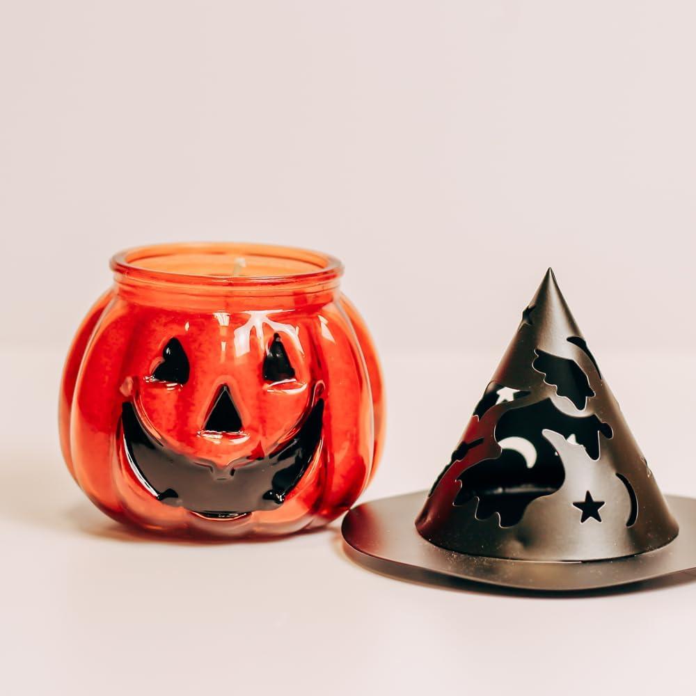 Orange Cinnamon Clove Pumpkin Jar Candle with Witch Hat Lid